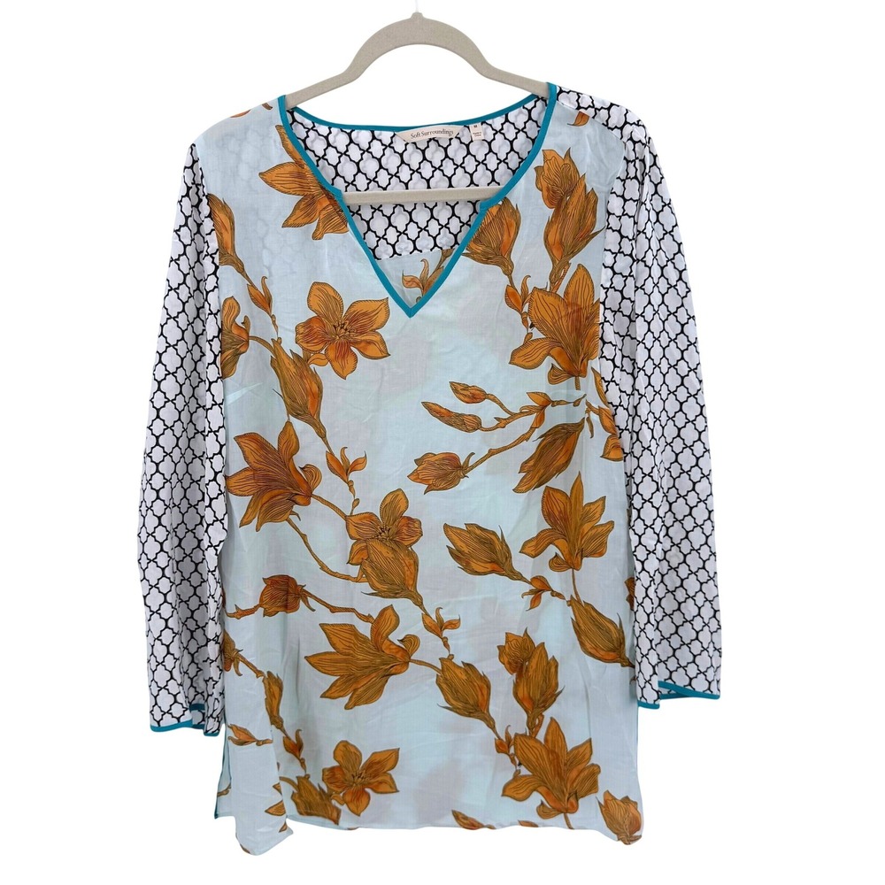 Soft Surroundings Ophelie Floral Mixed Print Modal Tunic Top Blue Orange M